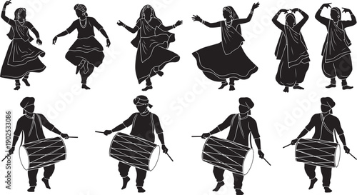 Black silhouettes of dancers and drummers in traditional Indian clothing performing black and white