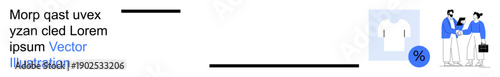 E-commerce, sales tactics, online shopping, marketing analysis, clothing retail, team collaboration. Two people discuss business strategies with a clothing icon and percentage symbol. E-commerce