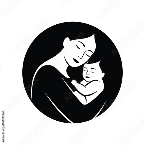Black and white circular logo of a mother holding her baby, conveying warmth, care, and the protective bond of motherhood.