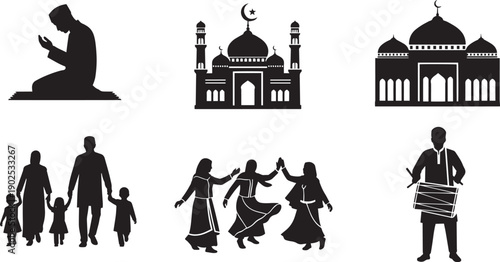 Black silhouettes of people and mosques on white background