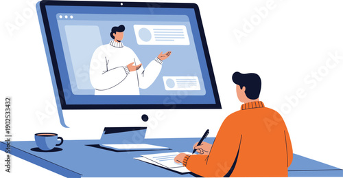 Flat vector illustration of a person taking notes during an online video lecture on a desktop computer screen