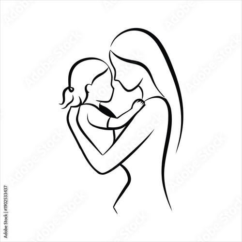 Minimalist line art illustration of a mother tenderly holding her baby, symbolizing maternal love, bonding, and family connection.