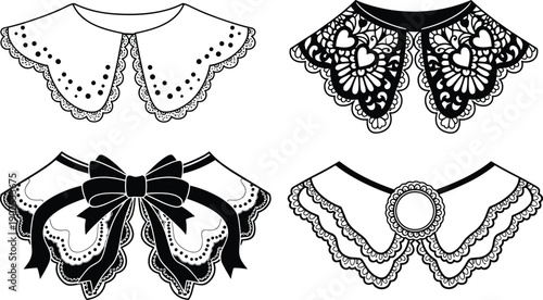 Lace collar and bow neckline silhouettes, vintage decorative fashion accessories, black vector elegant garment details set isolated on white