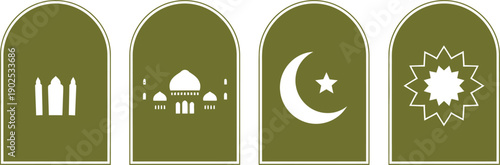 A set of four olive green Islamic icons with white outlines and designs on a plain background