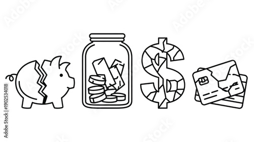 Broken Savings and Financial Crisis Line Icons