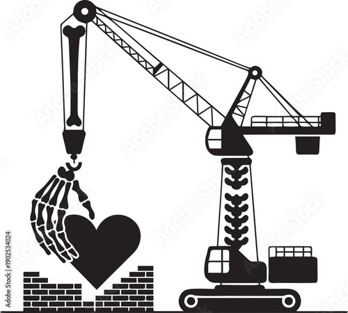 Construction crane with skeletal arm building a heart with bricks