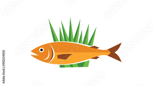 Simple illustration of a single orange fish swimming in front of tall green grass blades on a white background.