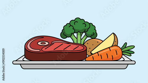 Hearty meal on a tray featuring a grilled steak broccoli potatoes and a carrot against a light blue background.