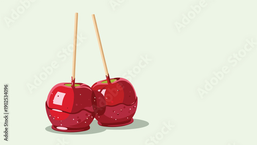 Two glossy red candy apples on wooden sticks leaning against each other on a pale green background for festive treats.
