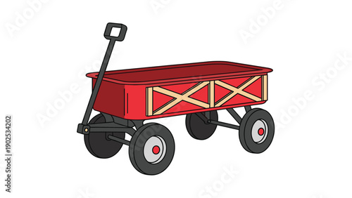 Angled perspective illustration of a red metal toy wagon with wooden side rails and four black tires on white background.