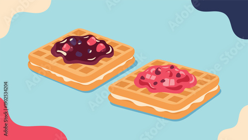Pair of golden waffles topped with generous amounts of berry and fruit jam served on a colorful patterned background.