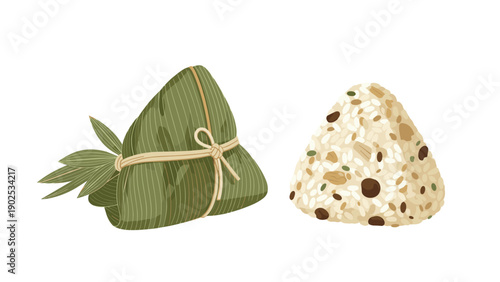 Illustration of a traditional green leaf-wrapped chimaki dumpling next to a triangular rice ball with grains and beans.