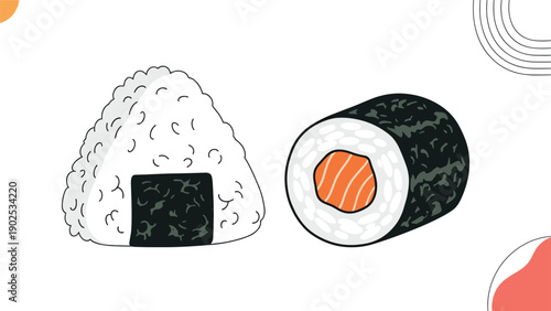 Simple drawing of a triangular rice ball with seaweed and a piece of salmon sushi roll on a clean white background.