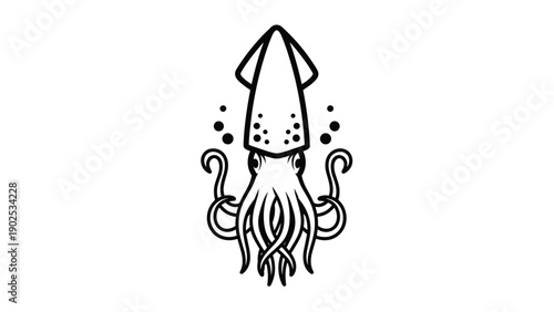 Black and white symmetrical line art of a squid with its head pointing up and its tentacles spreading out at the bottom.