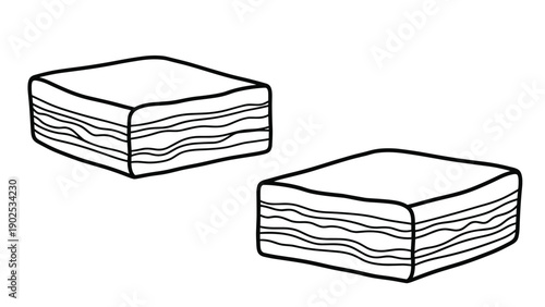 Line art illustration of two square-shaped layered cakes or pastries with visible textures on a plain white background.