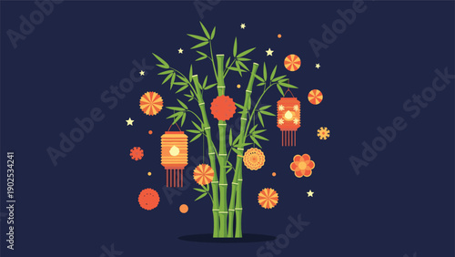 Traditional Japanese Tanabata bamboo tree decorated with colorful lanterns, star ornaments, and paper wishes on dark sky.