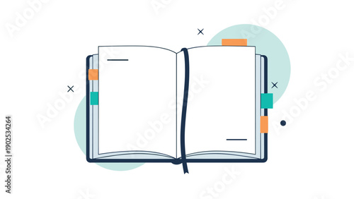 Open blank notebook with a dark ribbon bookmark, colorful sticky tabs, and geometric accents on a light blue background.