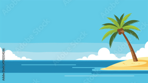 Tropical island beach scene with a lone palm tree on a small sandbank against a clear blue sky and calm ocean waters.