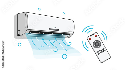 Modern white wall-mounted air conditioner unit blowing cool blue air next to its wireless remote control on white.