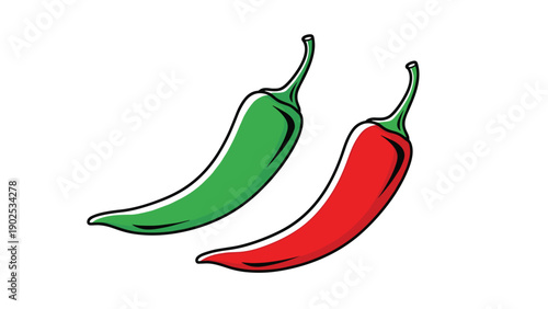Two vibrant chili peppers in red and green colors representing hot and spicy flavors for culinary and cooking projects.