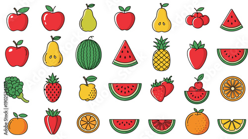 Large collection of colorful fruit icons including apples, pears, watermelons, strawberries, and pineapples on white.