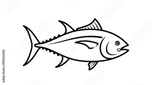 Detailed black and white line art illustration of a tuna fish suitable for coloring books or seafood restaurant logos.