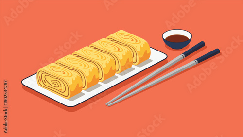 Japanese rolled omelet known as tamagoyaki served on a white plate with a side of soy sauce and traditional chopsticks.