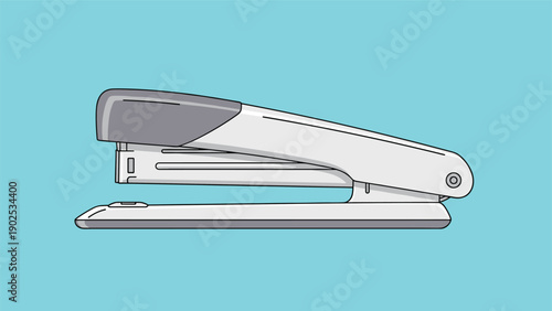 Professional grey and white office stapler shown from a side view, used for binding papers and organizing documents on a solid blue background.
