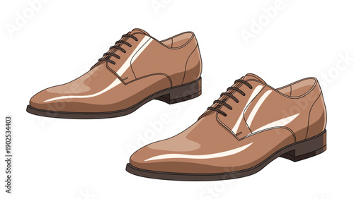 Pair of elegant men's brown leather dress shoes with dark laces and polished finish, reflecting light on a clean and simple white background.