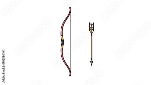 Traditional archery equipment set including a curved wooden recurve bow and a single feathered arrow pointing downwards against a white base.