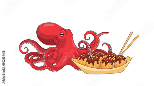 Creative food illustration featuring a large red octopus reaching its tentacles toward a boat-shaped container of delicious takoyaki balls.