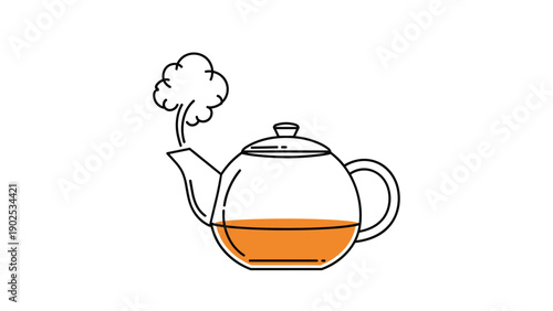 Transparent glass teapot containing orange colored tea with a cloud of steam rising from the spout against a plain white background.