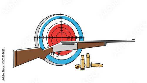 Sport shooting equipment including a shotgun resting against a colorful bullseye target with brass ammunition cartridges on the ground.