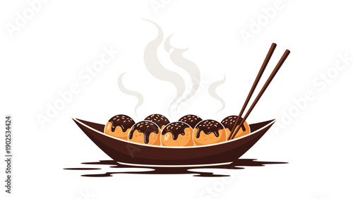 Six hot steaming takoyaki octopus balls topped with savory sauce and sesame seeds, served in a traditional brown boat-shaped wooden dish.