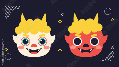 Two playful demon or oni heads for setsubun, featuring a yellow and a red demon with horns and sharp teeth on a dark background.