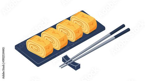 Traditional Japanese rolled omelet known as tamagoyaki served on a dark rectangular plate with a pair of matching chopsticks and a rest.