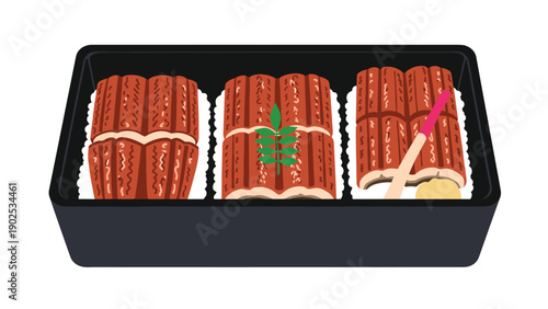 Unagi donburi eel rice bento box with three pieces of grilled unagi kabayaki served with garnish and ginger on white rice.