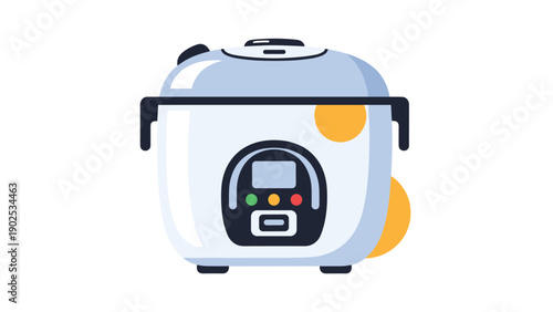 Modern electric rice cooker appliance with control panel and buttons on a white background for home kitchen cooking needs.