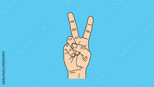 Human hand showing the peace sign or victory gesture with two fingers up against a bright blue solid color background.