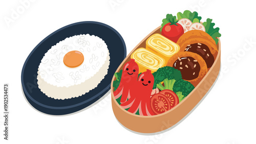 Delicious and colorful japanese bento box with rice and egg, meatballs, fried foods, broccoli, tomato, and octopus sausages.