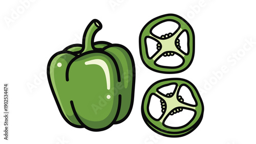 Fresh green bell pepper vegetable shown as a whole fruit and two cross-section slices with seeds on a white background.