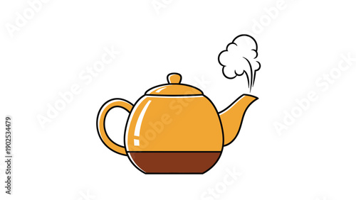 Classic golden teapot with a brown base and white steam coming out of the spout against a clean white background.
