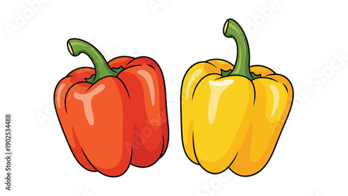 Two vibrant bell peppers in red and yellow colors with green stems placed together on a plain white background for cooking.