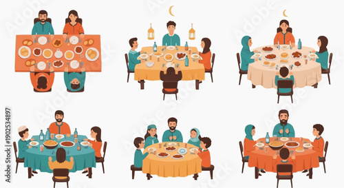 Diverse families and friends sharing meals together at dinner tables