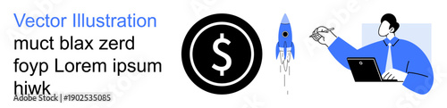 Business growth, financial success, innovation, startup potential, investment strategies, technology solutions. Dollar sign, rocket professional person at laptop. Business growth and innovation