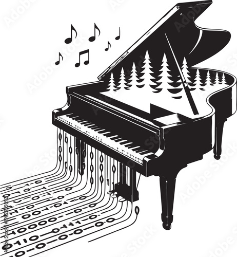 Grand piano with forest inside and binary code flowing out