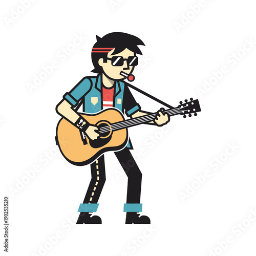 Cartoon Rocker Playing Acoustic Guitar with Sunglasses and Headband