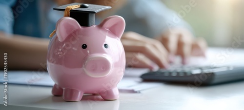 The piggy bank wearing a graduation cap beside a calculator for student savings