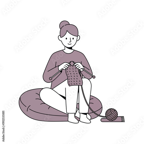 Serene person enjoying a cozy leisure activity, knitting with yarn and needles, vector art.