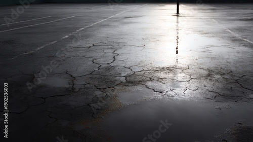 abandoned tennis court with cracked surface and waterlogging, deteriorated sports facility concept